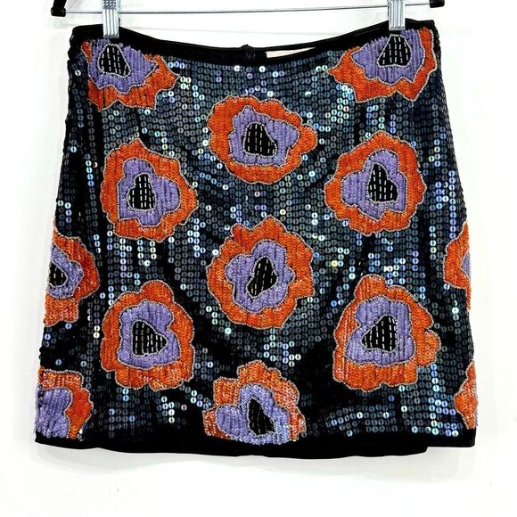 H&M Navy Blue Orange Purple Sequin Embellished Floral Mini Party Holiday Skirt - Picture 2 of 16